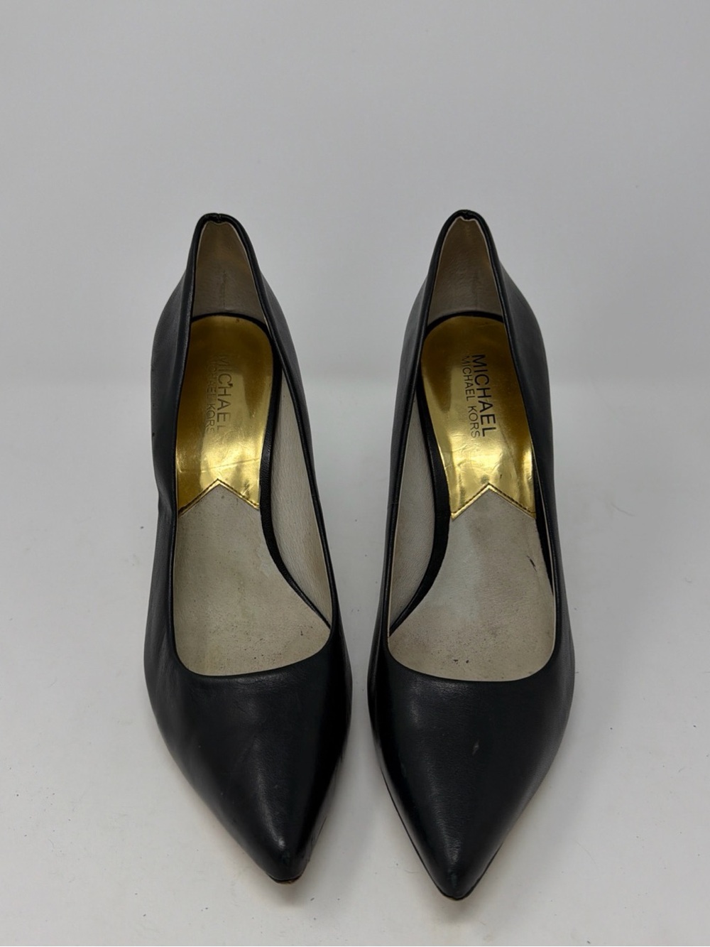 Michael Kors Black Leather Pointed-Toe Pumps with Gold Lining